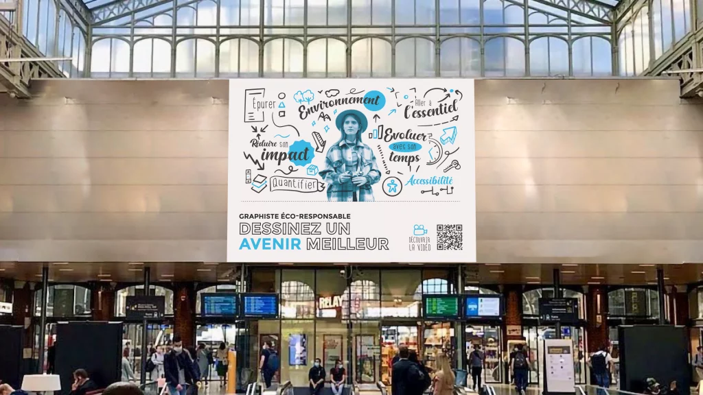 Visuel mockup de l'affiche du projet "portrait de graphiste" dans le hall de la gare Lille Flandres à Lille